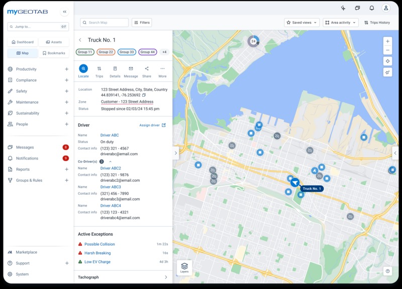 MyGeotab platform — live fleet map with vehicle details and alerts